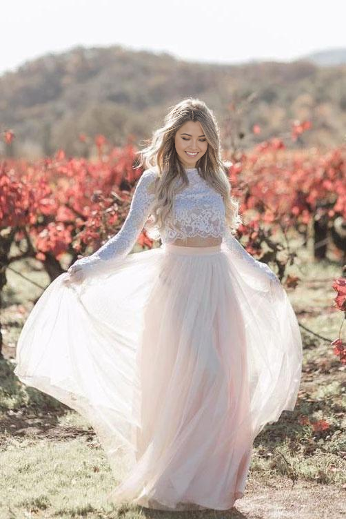 Vestido de novia de playa de dos piezas, mangas largas, apliques de encaje, color rosa ruborizado